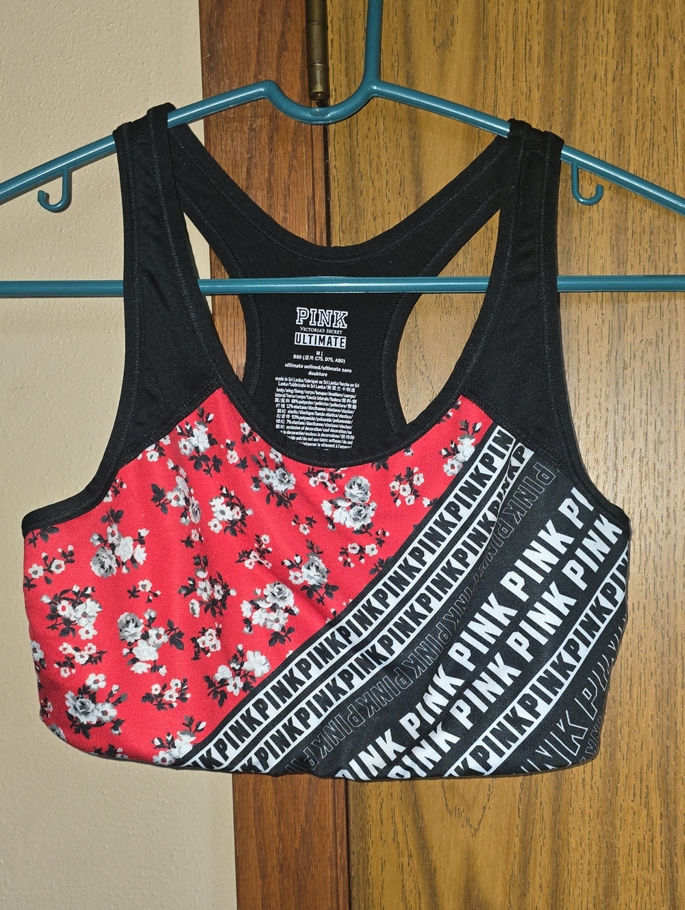 PINK Victoria's Secret Red Floral & Black Logo Racerback Sports Bra